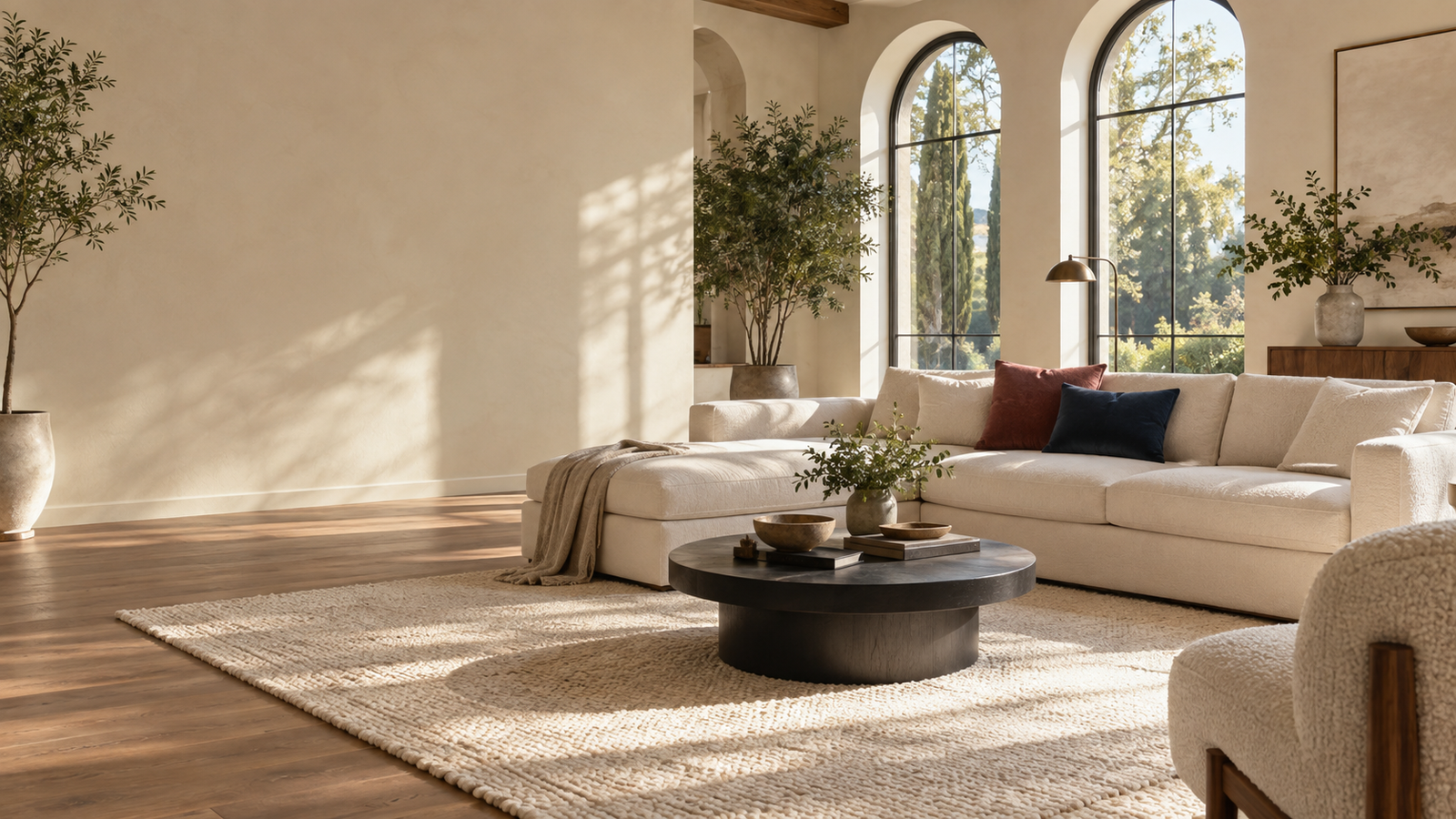 A thoughtfully furnished living space with a soft neutral sofa